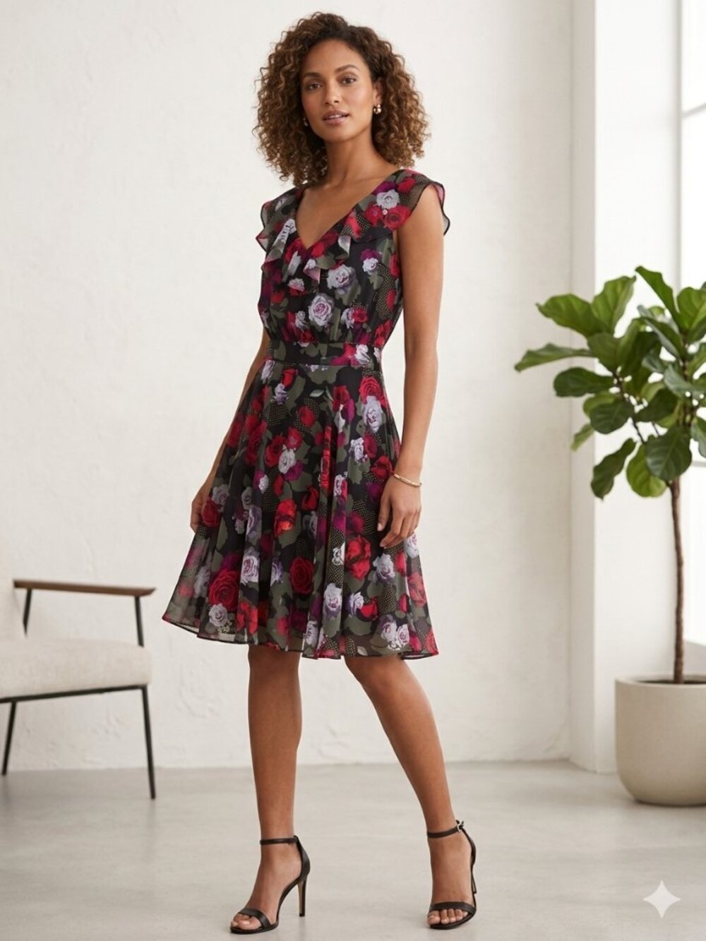 Guess Black Floral V-Neck Midi Dress with Red & Pink Roses